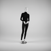 Realistic female mannequin. White with head, face and sculpted hair. Round metal base. Hand in hand
