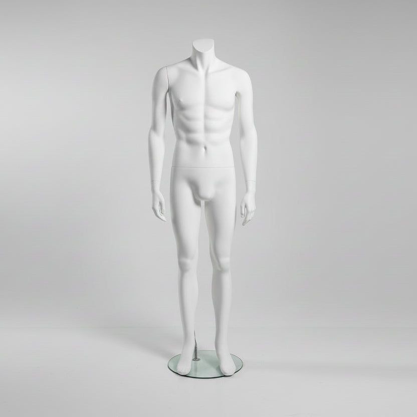 Headless male mannequin. White, matte. Stands upright - trained