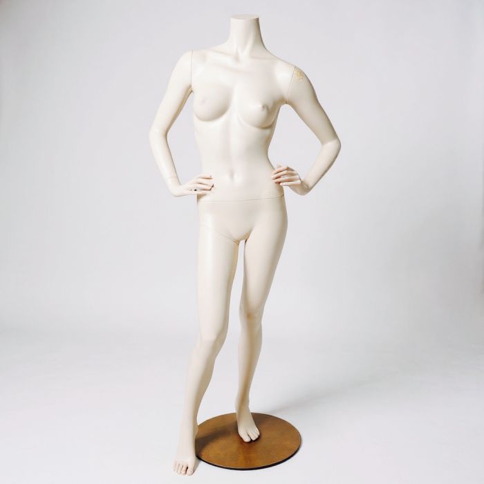 Headless female mannequin. White, matte without head. Round glass base plate. Fiberglass.