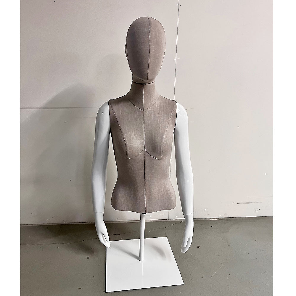 Women's top, short - torso with head incl. net, egghead, ear in linen color. Metal base plate. White high gloss. Glove hands. For table display