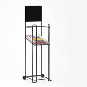 Catalogue stand for A4 sheets. Black metal with wheels and sign. 25 x H 90 cm