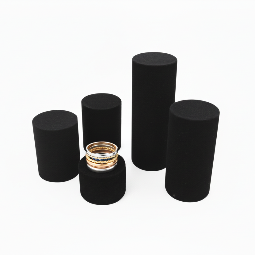Jewelry displays. Set of 5 cylindrical jewelry displays in black flock.