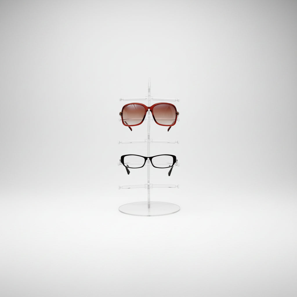 Eyeglass display on stand. Transparent for 5 glasses. L 16 x W 10.5 x H 34 cm