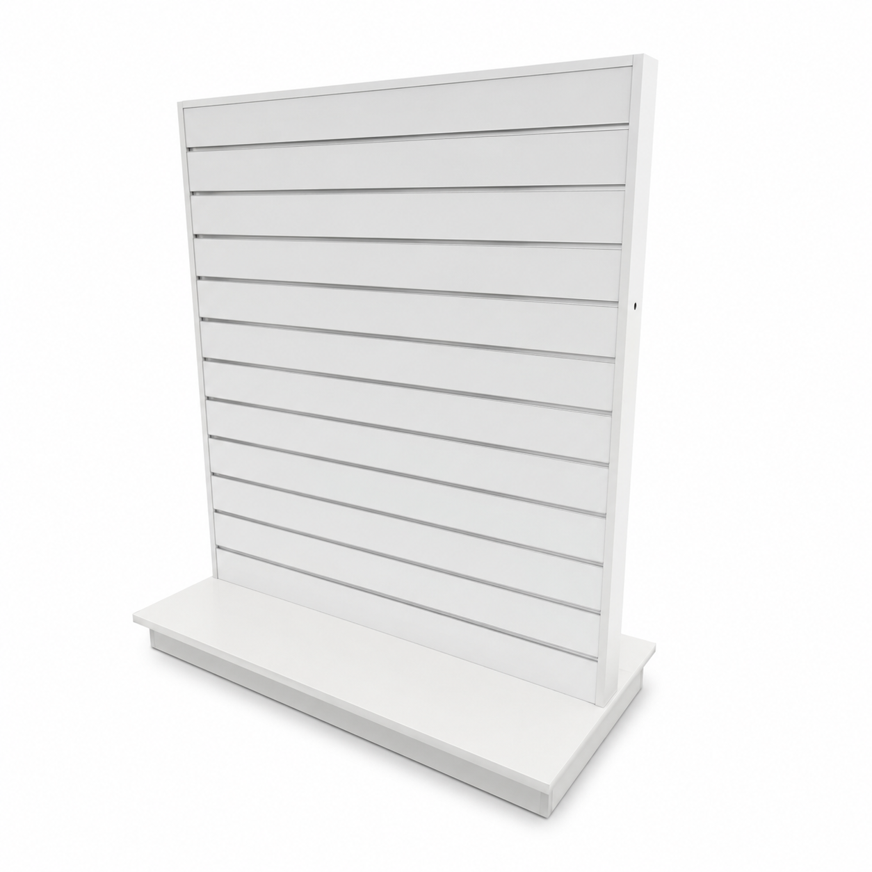 Gondola, double-sided, white, B124 x D61 x H132 cm. Groove spacing 10 cm. Includes wheels