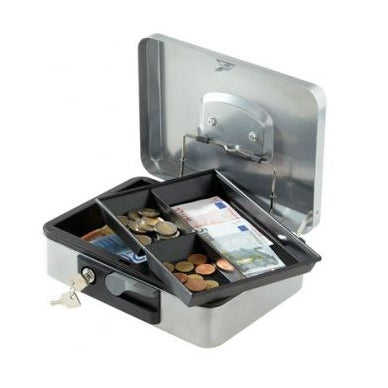 Cash box 25 x 18 x H9 with key. Gray. 3 compartments