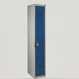 Metal locker cabinet. Gray and blue. With lock, shelf and coat hanger rail. 30x50xH180 cm