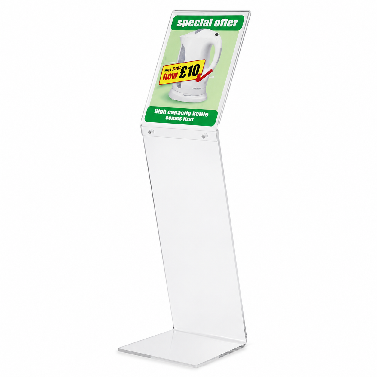 Sign holder, A4, floor stand, tall stand, acrylic, 22 x 27 x H 100 cm.