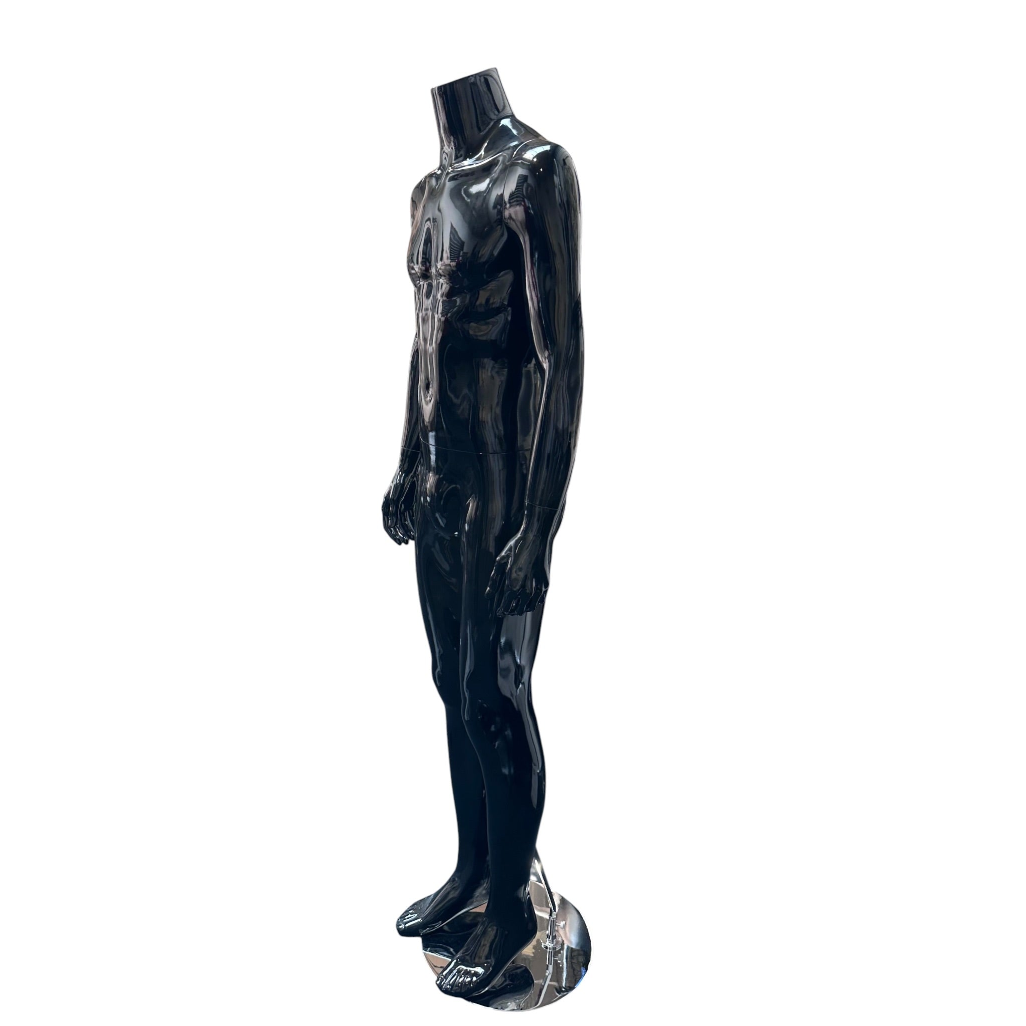 Family men's mannequin. Black high-gloss without head. Round glass base. H175 cm. Model B - stands upright