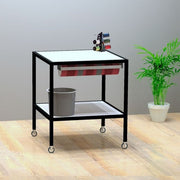 Luton packing table on wheels with white melamine boards, black frame, 80 x 80 x H80 cm. With accessories