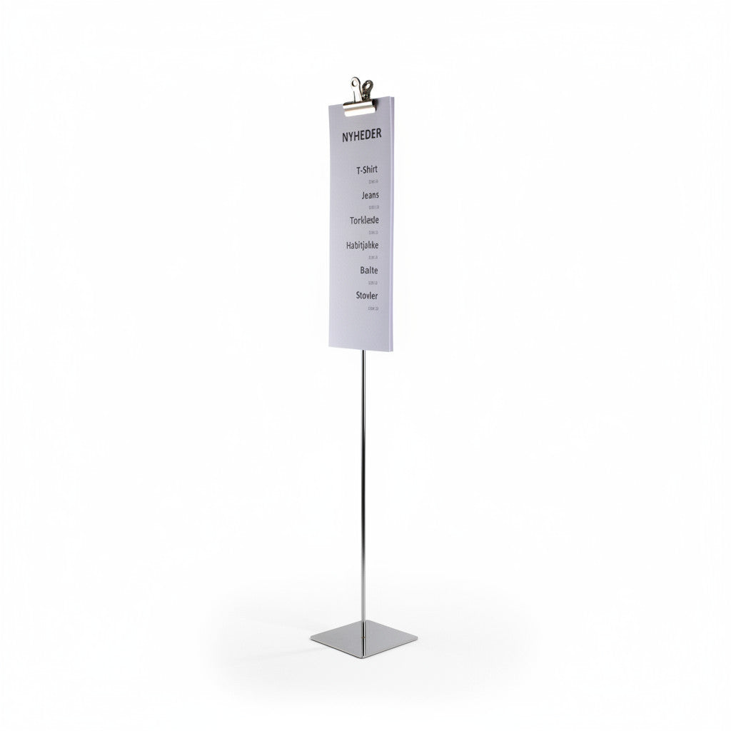Sign holder with clamp, chrome, base plate 10 x 10 cm, H73 cm