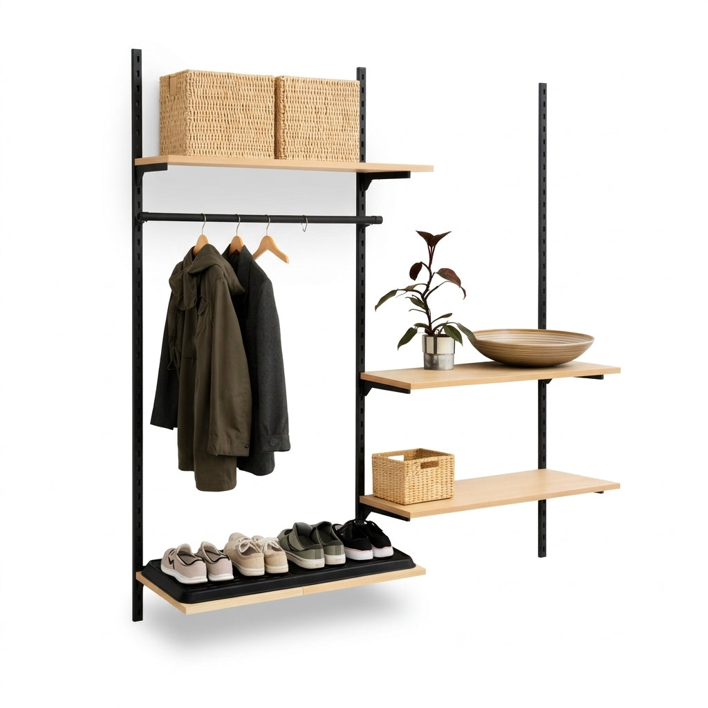 Wall set with Framework rails in black, beech shelves and clothes rail. Dimensions: approx. 185 x H244 cm. As shown. Entrance, wardrobe and Walk-in.