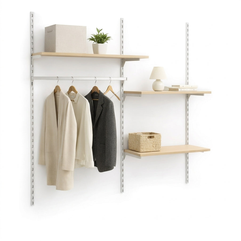 Wall set with Framework rails in white, beech shelves and clothes rail. Dimensions: approx. 185 x H244 cm. As shown. Entryway, wardrobe and walk-in closet.
