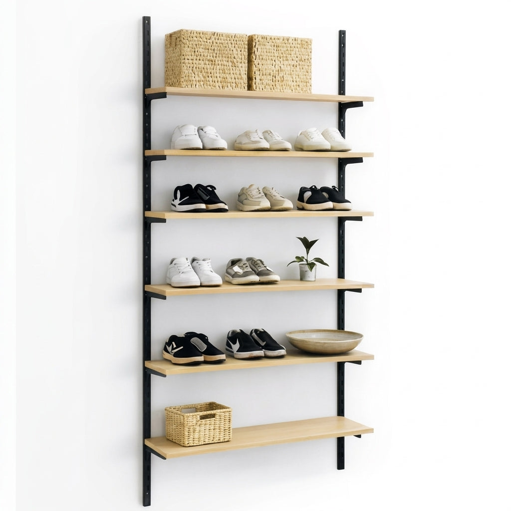 Wall set with Framework rails in black, shelves in maple. Dimensions: approx. 94 x H244 cm. As shown. Shelf goods, shoes, pantry, prepper and storage