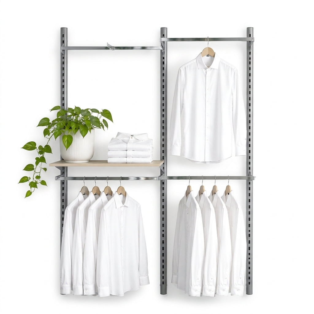 Wall set with Pipe-line wall in aluminum Ø 40, maple shelf. Dimensions: 155 x H 226. As shown. Choose model Ø 40 or Ø 60 posts