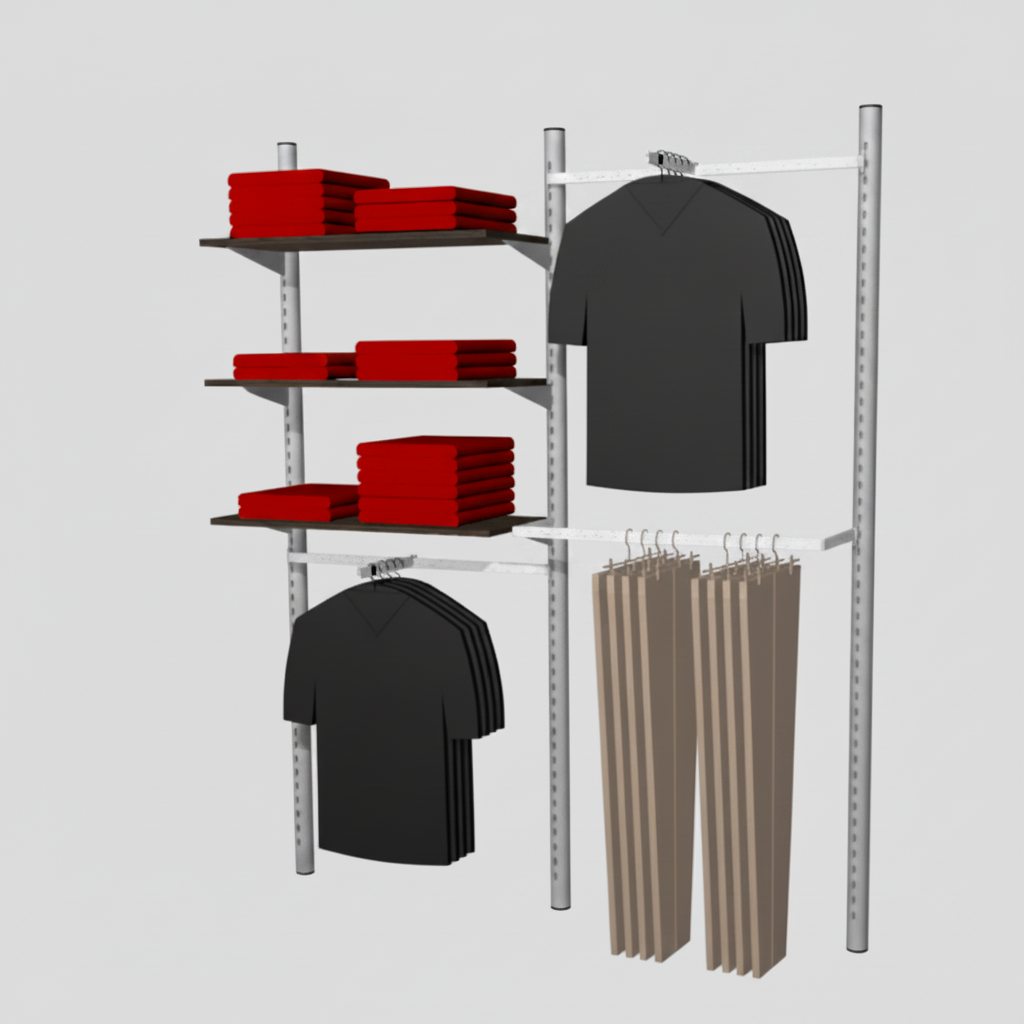 Wall set with Pipe-line wall in aluminum-colored Ø 40, shelves in black. Dimensions: 189 x H 226. As shown. Choose model Ø 40 or Ø 60 posts