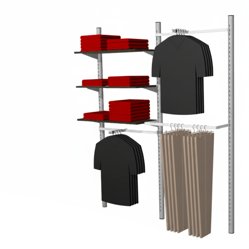 Wall set with Pipe-line wall in aluminum-colored Ø 40, shelves in black. Dimensions: 189 x H 226. As shown. Choose model Ø 40 or Ø 60 posts