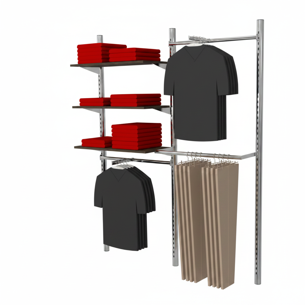 Wall set with Pipe-line wall in chrome Ø 40, shelves in black. Dimensions: 189 x H 226. As shown. Choose model Ø 40 or Ø 60 uprights