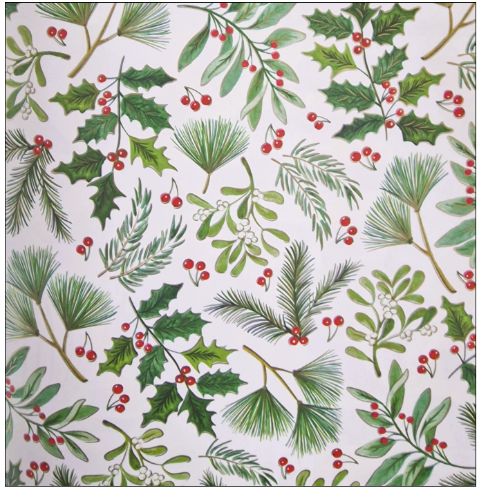 Christmas wrapping paper with holly and spruce branches. B50 cm x 50 mtr.