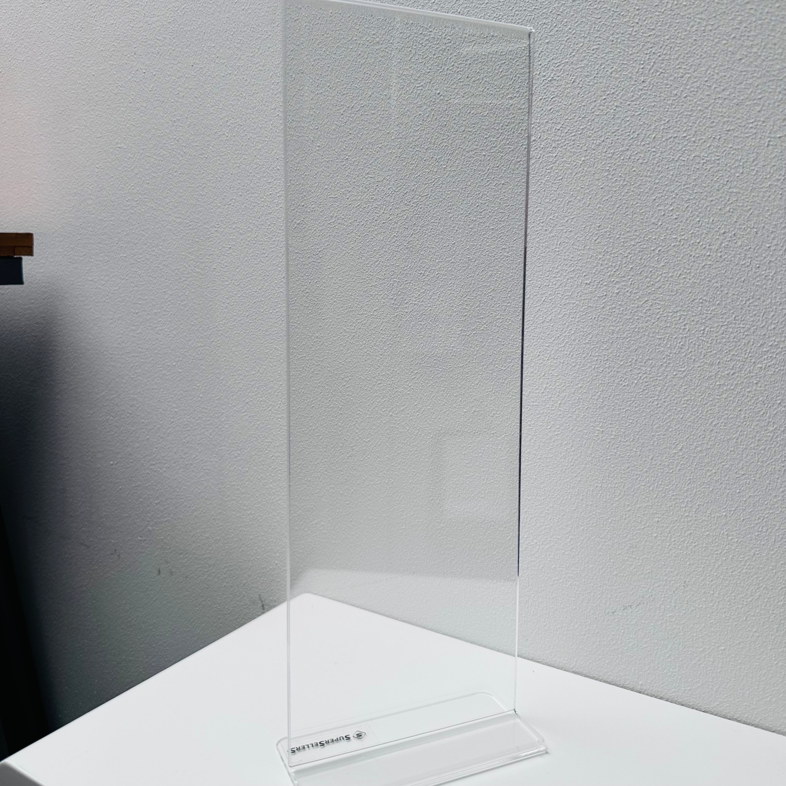 Sign holder, ½ A4 high, straight for tabletop, acrylic