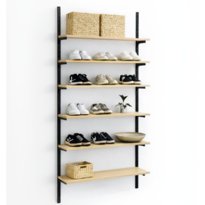 Wall set with Framework rails in black, shelves in maple. Dimensions: approx. 94 x H244 cm. As shown. Shelf goods, shoes, pantry, prepper and storage