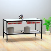 Luton packing table on wheels with white melamine tops, black frame, 160 x 80 x H80 cm. With accessories