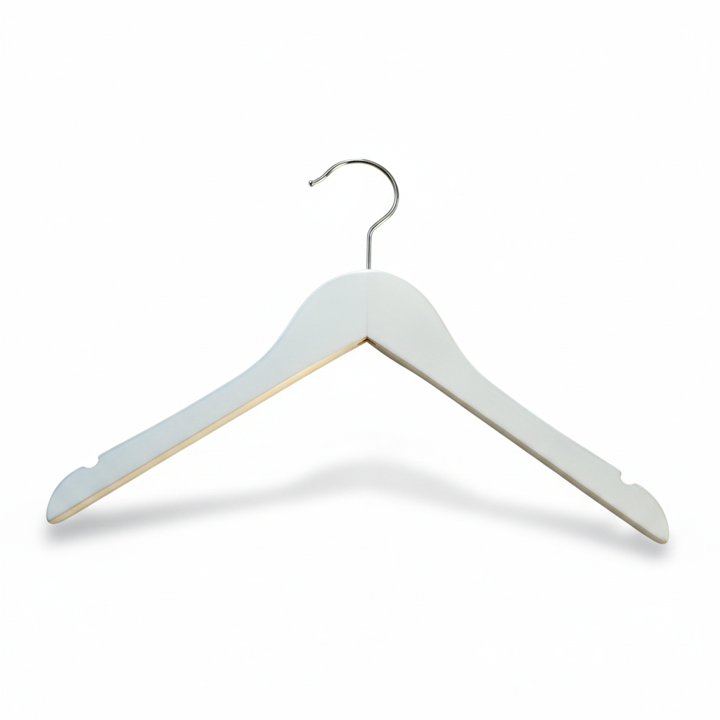 Wooden hanger, solid, flat, junior, with rubber and notch, without bar, matte white, 32 cm