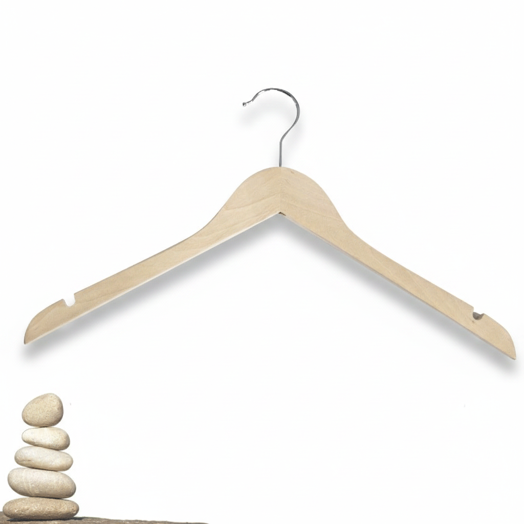 Wood hanger, solid, flat, adult, with notch, Raw - unvarnished, 12 mm thick, 45 cm. Sold in cartons of 50 pcs.