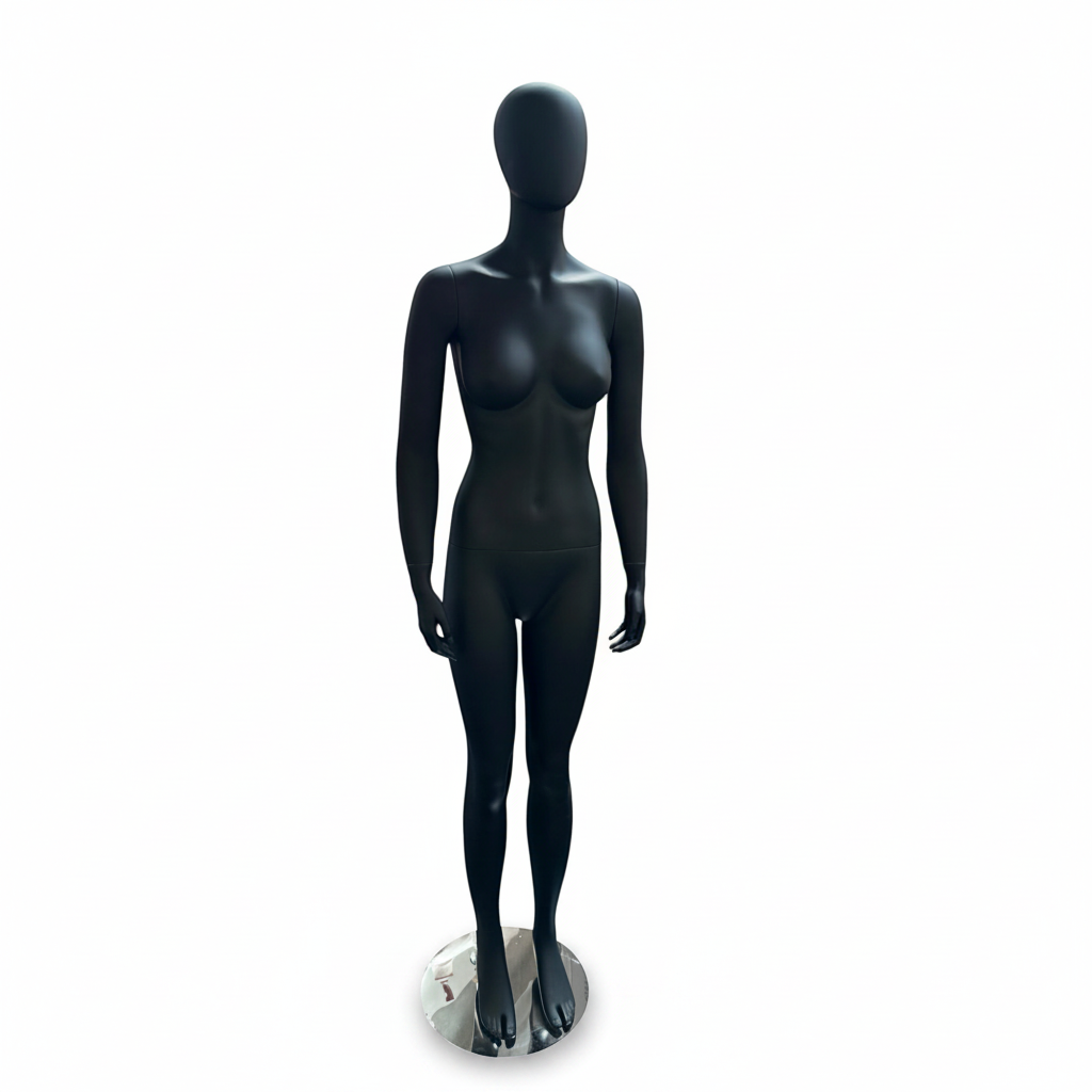 Faceless female mannequin. Black, matte with faceless head. Stands upright. Chrome base plate