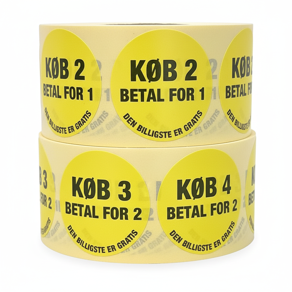 Yellow labels with printed ',-' — 1,000 pcs. Select amount