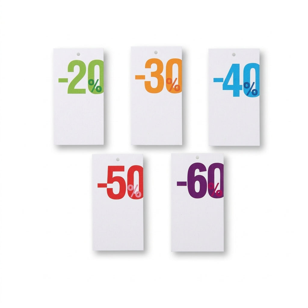 Discount tags in label form for textile tagging gun. White. Choose percentage