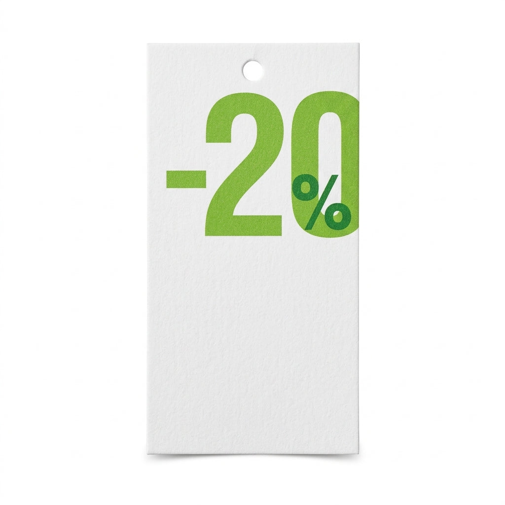 Discount tags in label form for textile tagging gun. White. Choose percentage