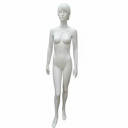 Realistic female mannequin. White with head, face and sculpted hair. Round metal base. Model A
