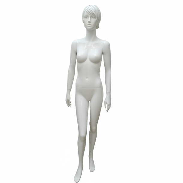 Realistic female mannequin. White with head, face and sculpted hair. Round metal base. Model A