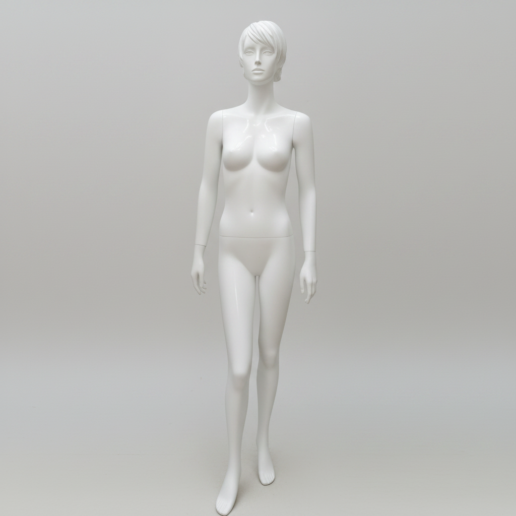 Realistic female mannequin. White with head, face and sculpted hair. Round metal base. Model A