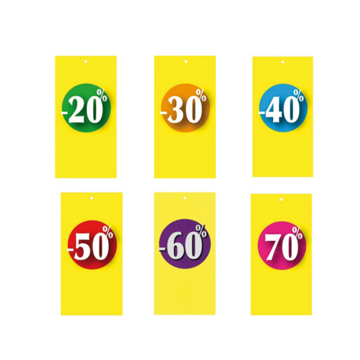 Discount label in tag form for garment tagging gun. Yellow, select percentage
