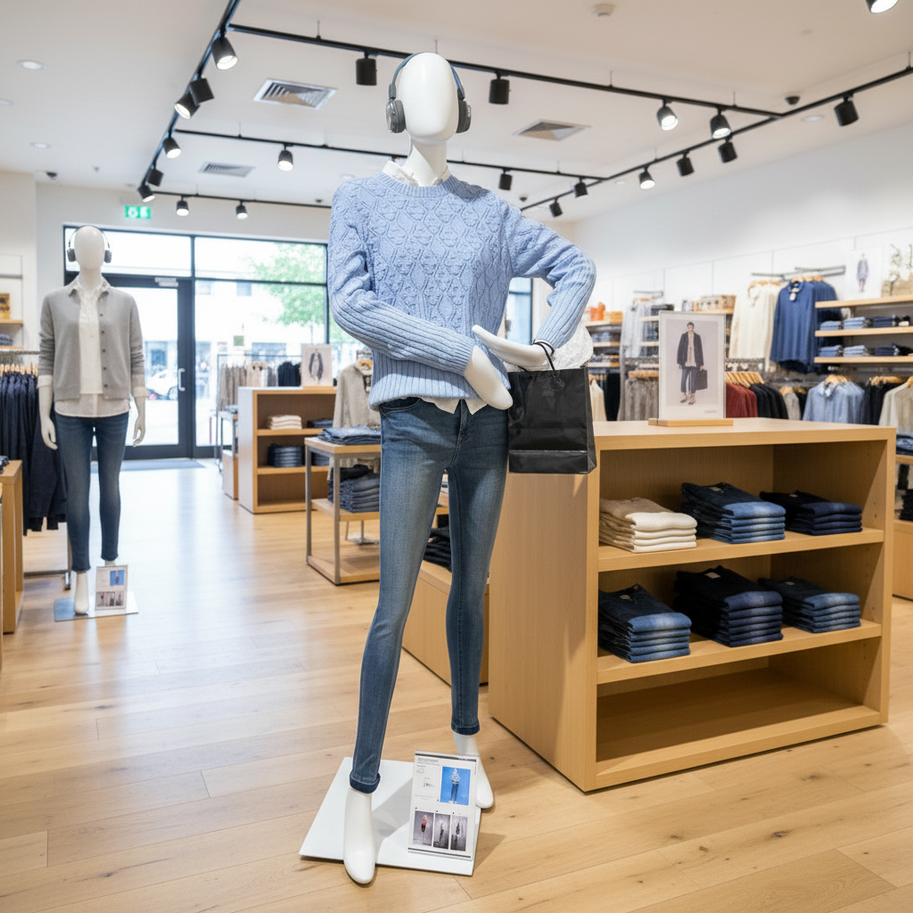 Faceless, female mannequin, matte white, poses with bent arms and mitten hands.