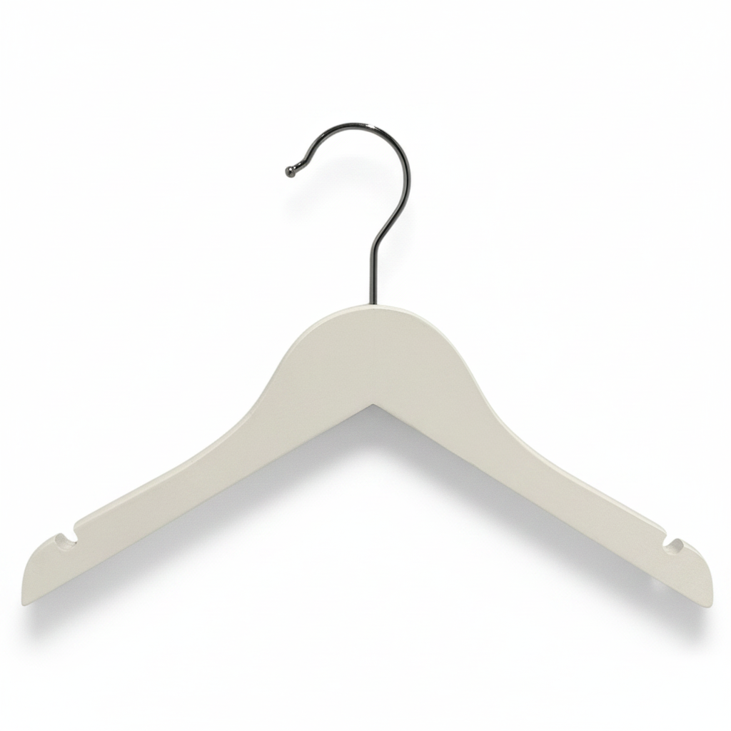 Wooden hanger, solid, flat, junior, with notch and without bar, white, 32 cm
