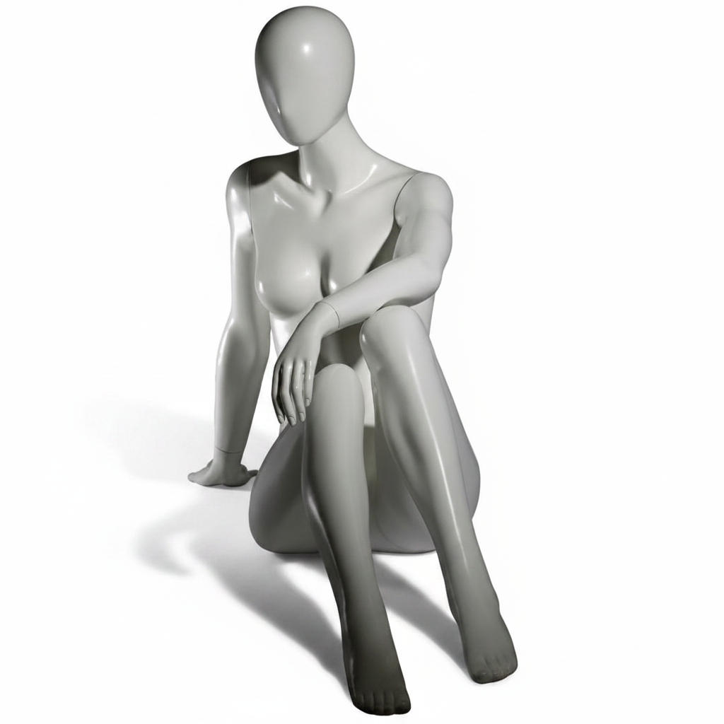 Faceless female mannequin. White, matte with faceless head. Seated