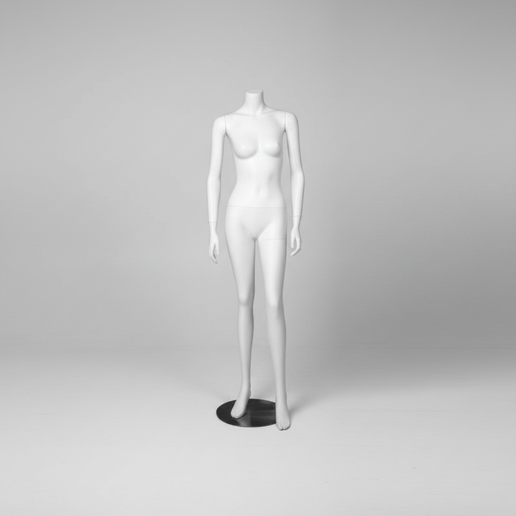3000 women's mannequin. White without head. Round metal base. H 162 cm.