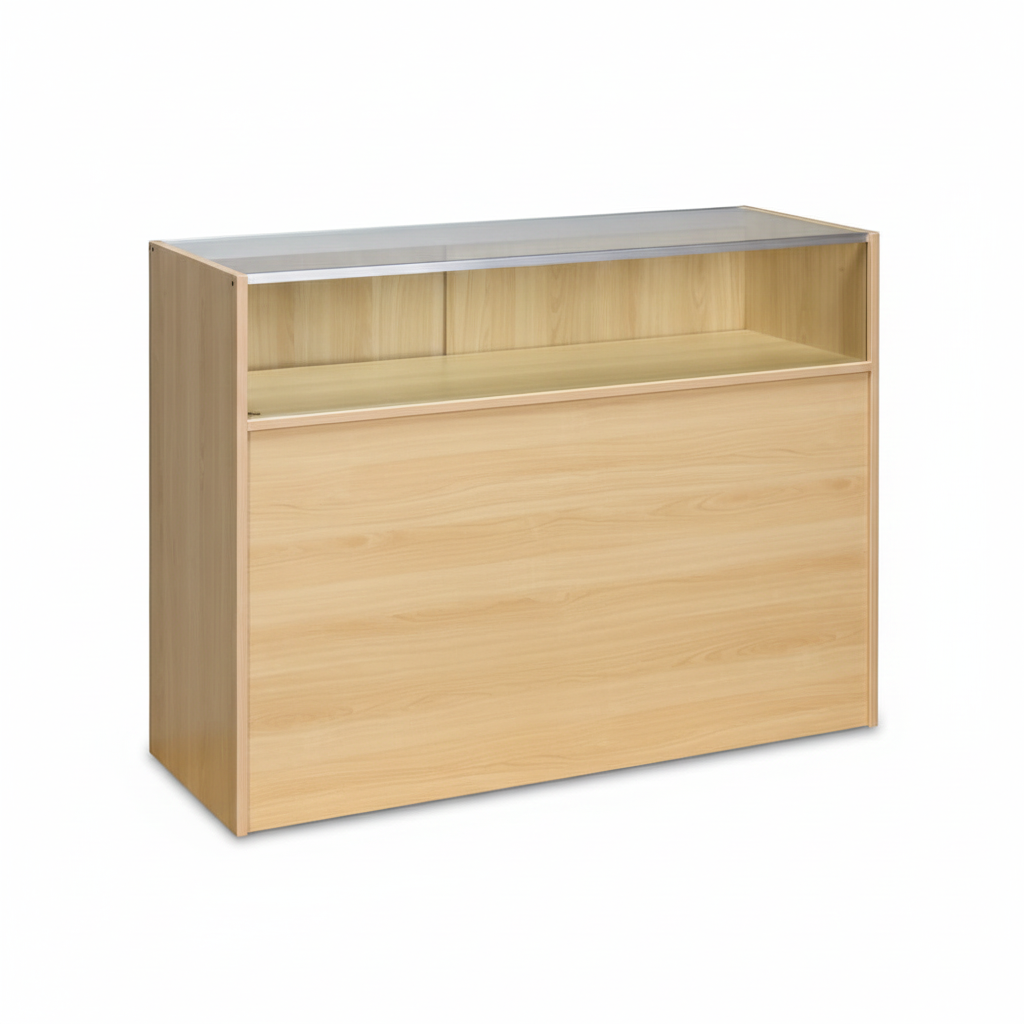 Slimline Disk, glass module, with 1/4 glass front and sliding doors, maple, W 122 × D 46 × H 96 cm