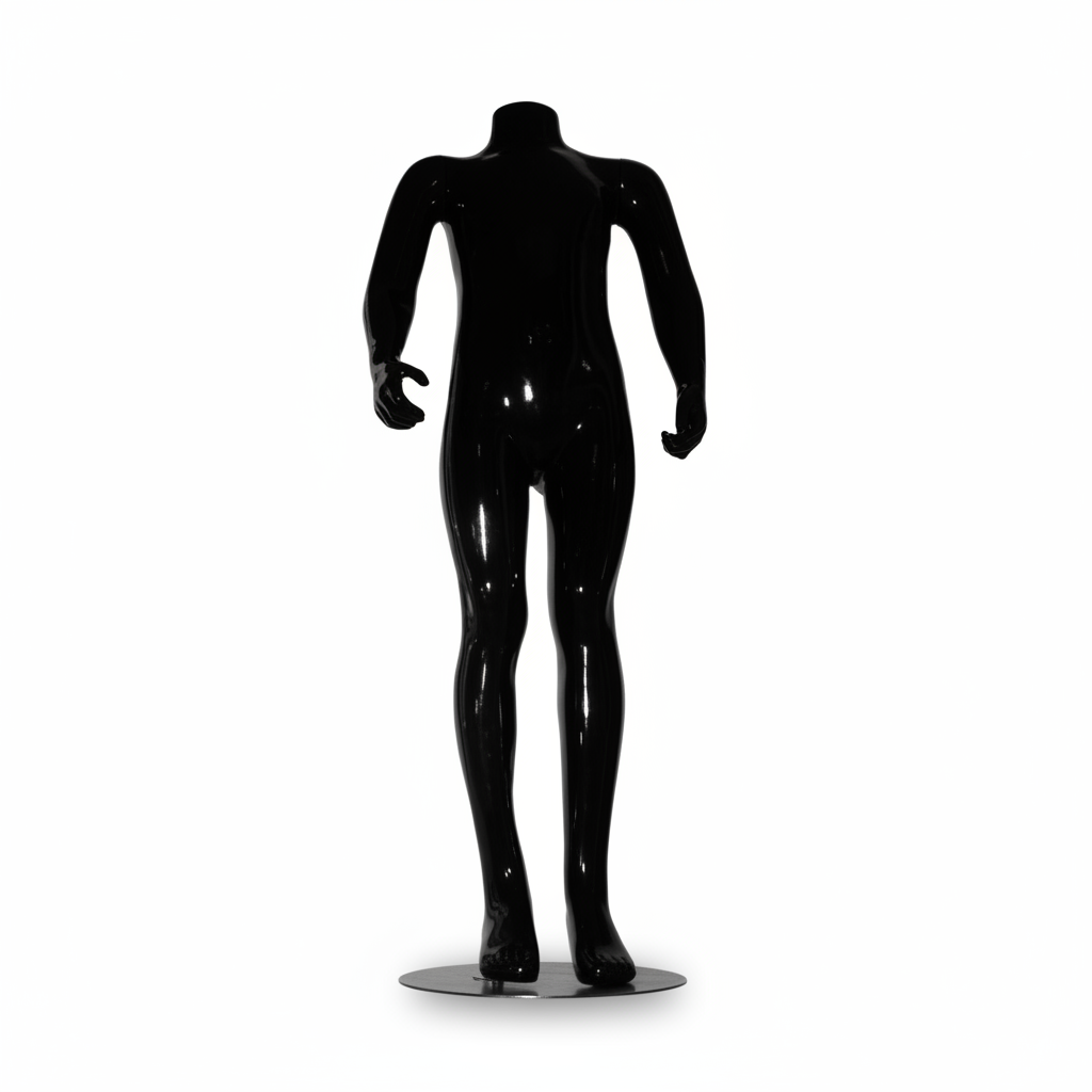 Family children's mannequin. Black high gloss without head. 8–10 years. H 114 cm. Round glass base plate
