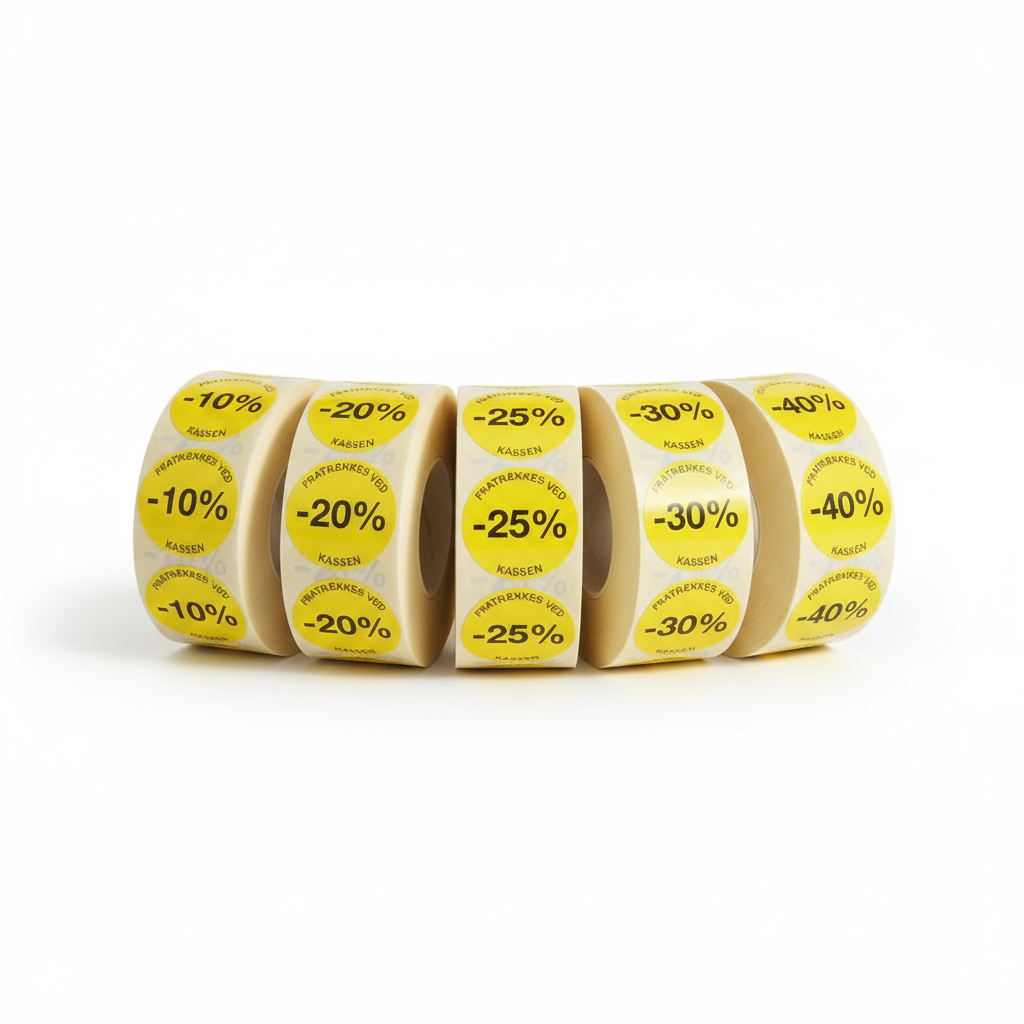 Yellow labels with fixed percentage - 1,000 pcs. Choose percentage. NORWEGIAN TEXT