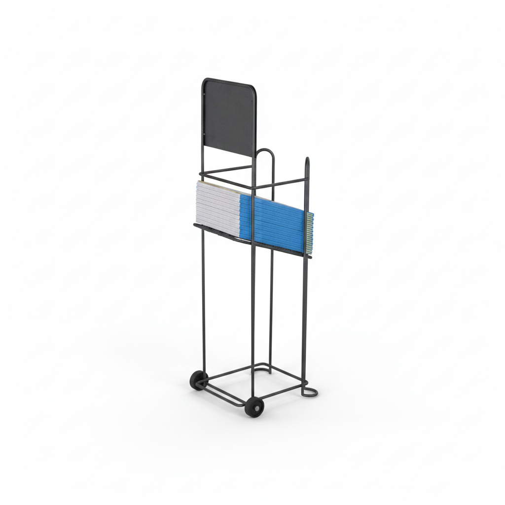 Catalogue stand for A4 sheets. Black metal with wheels and sign. 25 x H 90 cm