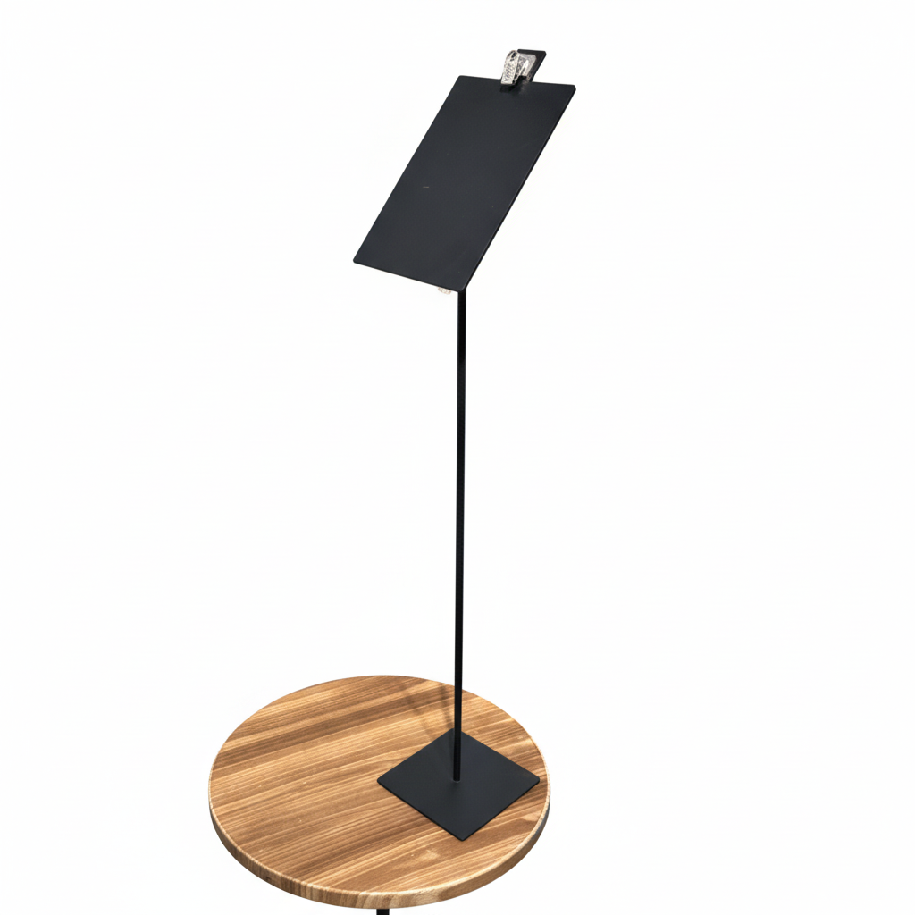 Sign holder with angled panel and clips, black, base plate 10 x 10 cm, sign plate 11 x 17 cm, H63 cm