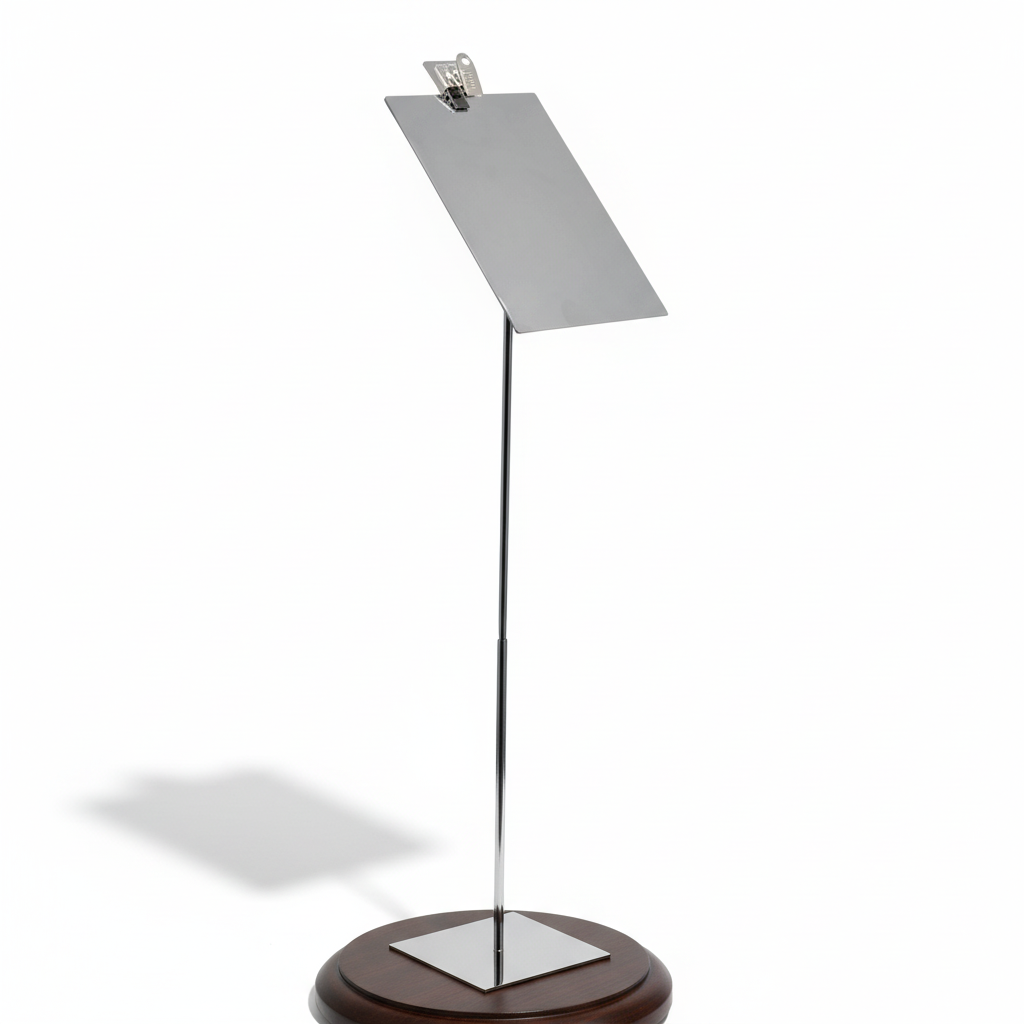 Sign holder with angled panel and clip, chrome, base plate 10 x 10 cm, sign plate 11 x 17 cm, H63 cm