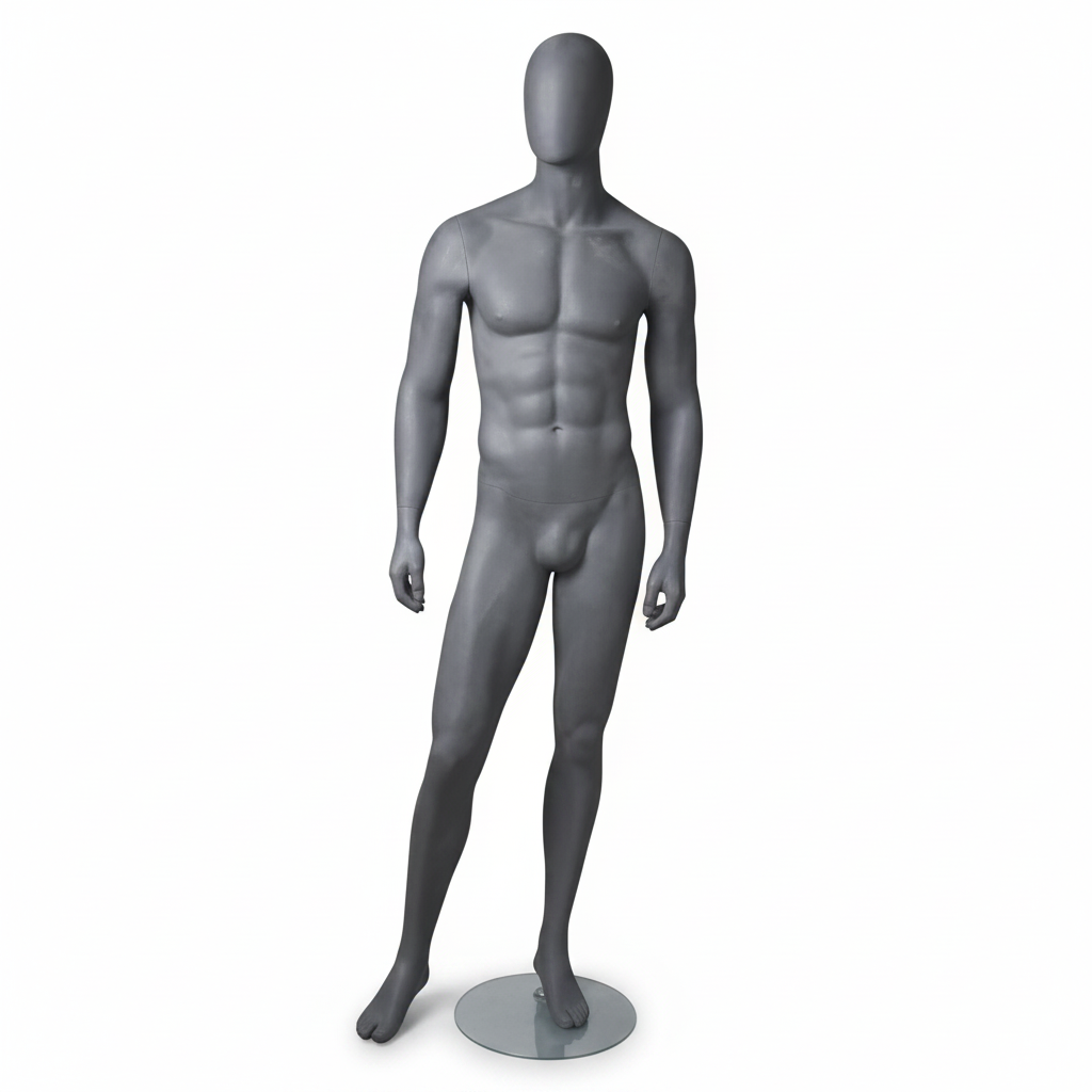 1600 Faceless male mannequin. Matte gray with Faceless head. H184 cm. Metal base plate