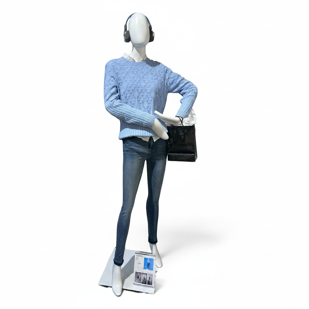 Faceless, female mannequin, matte white, poses with bent arms and mitten hands.