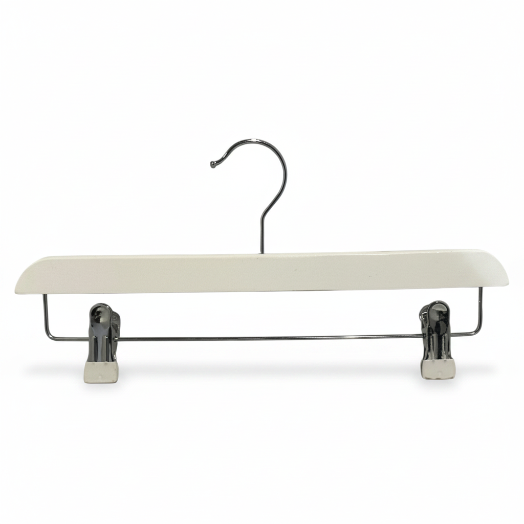 Trousers hanger, wood, with strong clips, white, 35 cm