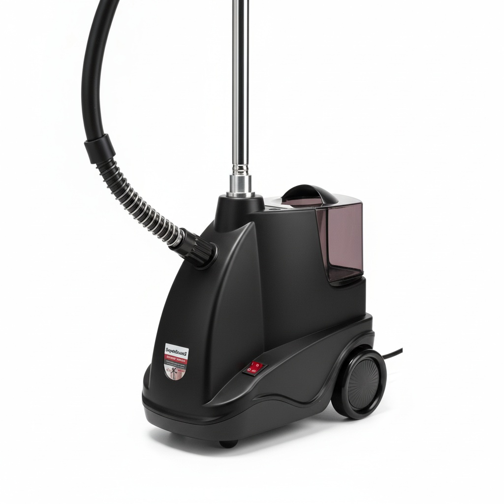 SuperSellerS Standard tøjsteamer i sort design med 2,9 liters vandtank og hjul til nem transport