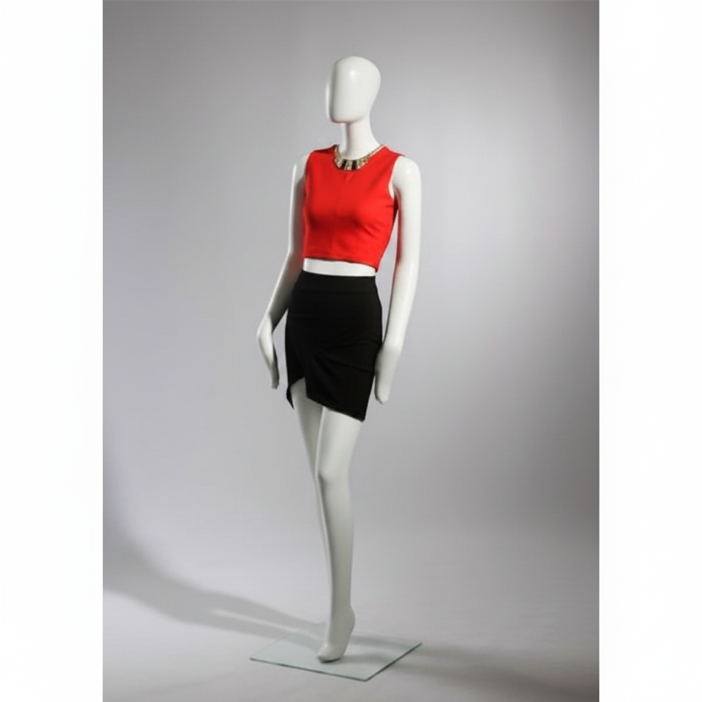 Faceless female mannequin. White, matte with faceless head. Luffed hands. Stands upright